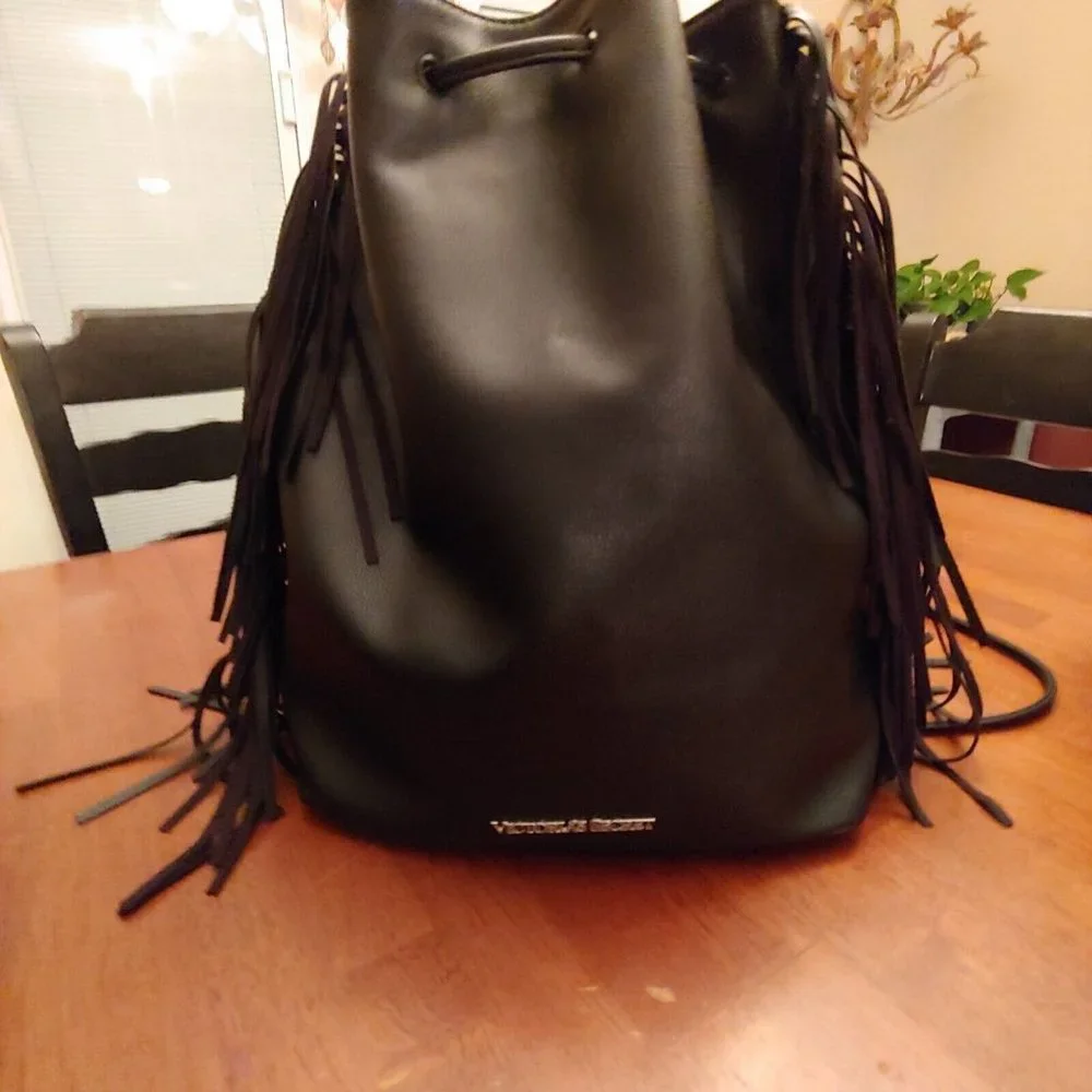 Victoria Secret black backpack purse with fringe - Picture 1 of 11